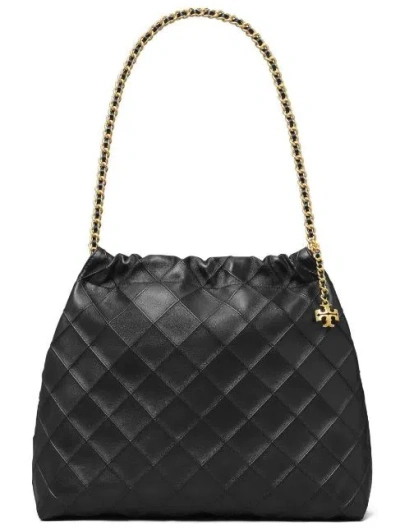 Tory Burch Fleming Black Diamond Quilted Shoulder Bag With Chain-link Handles In Leather Woman