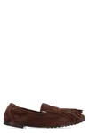 Tory Burch Ballet Fringe Suede Loafers With Rubber Sole In Brown