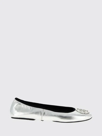 Tory Burch Silver Colored Ballerinas With Logo Plaque On The Front And Elasticated Design In Leather Woman