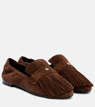 Tory Burch Ballet Fringe Suede Loafers With Rubber Sole In Brown