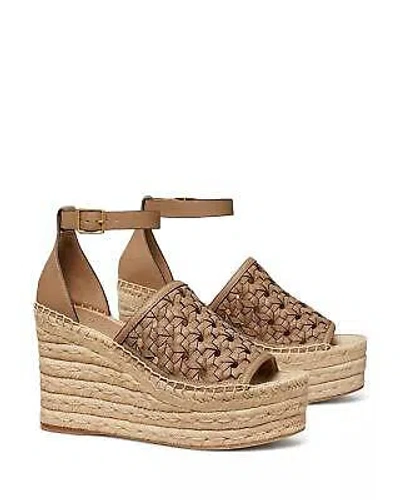 Pre-owned Tory Burch Basketweave Calfskin Wedge Espadrille Sandal For Women - Size 9.5 In Almond Flour