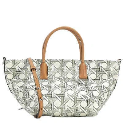 Pre-owned Tory Burch Basketweave Printed Small Canvas Tote Bag 146547-100 In Ivory