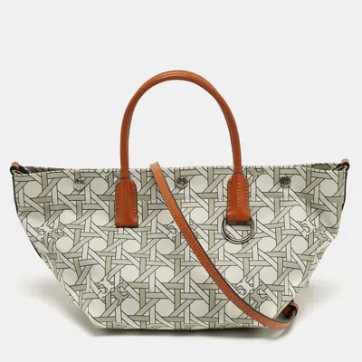 Pre-owned Tory Burch Basketweave Small Beige Canvas Tote In Sand