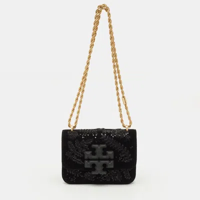 Pre-owned Tory Burch Beaded Eleanor Small Black Leather Convertible Shoulder Bag