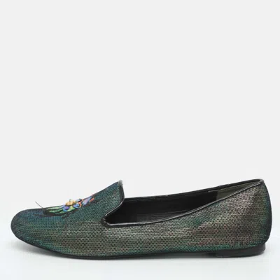 Pre-owned Tory Burch Beetle Embroidered Size 38 Green Iridescent Fabric Smoking Slippers