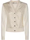 Tory Burch Silk And Wool Cardigan With Logos In Neutral