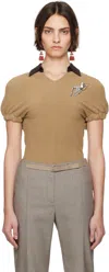 Tory Burch Beige & Brown Short Sleeve Sweater Polo In Boba Brown / Soba