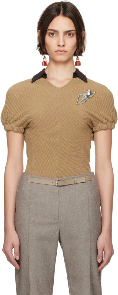 Tory Burch Beige & Brown Short Sleeve Sweater Polo In Boba Brown / Soba