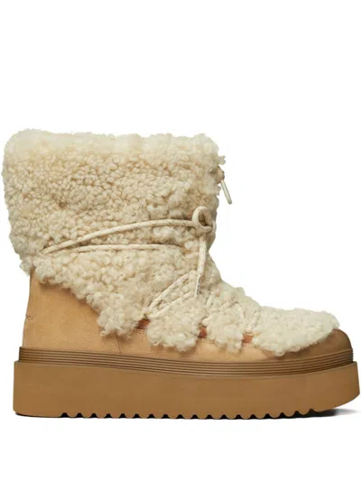 Tory Burch Cozy Shearling Ankle Boots Platform Sole In White
