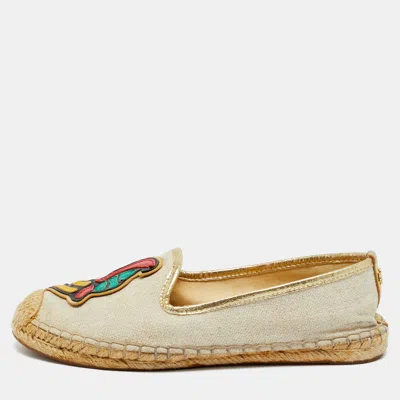 Pre-owned Tory Burch Beige Canvas And Leather Trim Parriot Espadrille Flats Size 36 In Sand