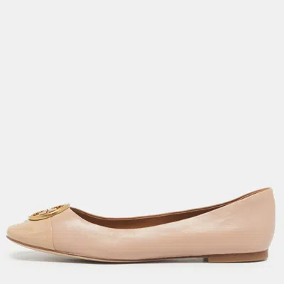 Pre-owned Tory Burch Beige Leather And Patent Scrunch Ballet Flats Size 38 In Sand
