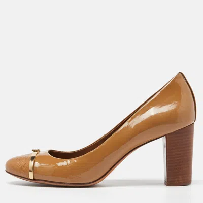 Pre-owned Tory Burch Beige Patent Leather Block Heel Pumps Size 40.5