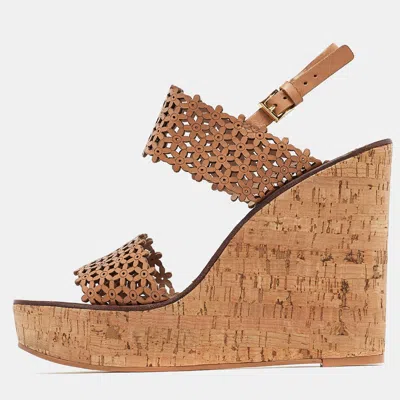 Pre-owned Tory Burch Beige Perforated Leather Daisy Cork Wedge Sandals Size 41