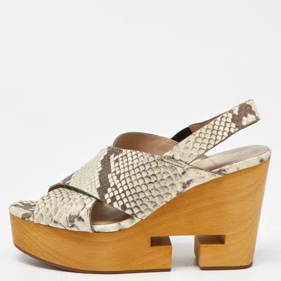 Pre-owned Tory Burch Beige Python Embossed Cork Wedge Strappy Platform Sandals Size 38.5
