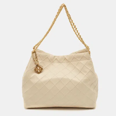 Pre-owned Tory Burch Beige Quilted Leather Soft Drawstring Fleming Tote