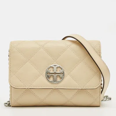 Pre-owned Tory Burch Beige Quilted Leather Willa Wallet On Chain In Sand