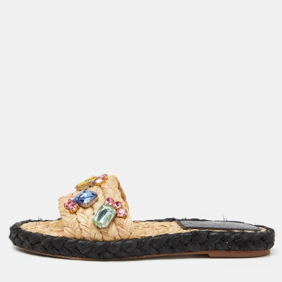 Pre-owned Tory Burch Beige Raffia Crystal Embellished Flat Slides Size 36.5