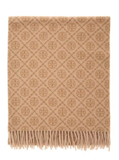 Tory Burch Beige Scarf With All-over T Motif Monogram And Fringed Edges In Wool Woman In Brown