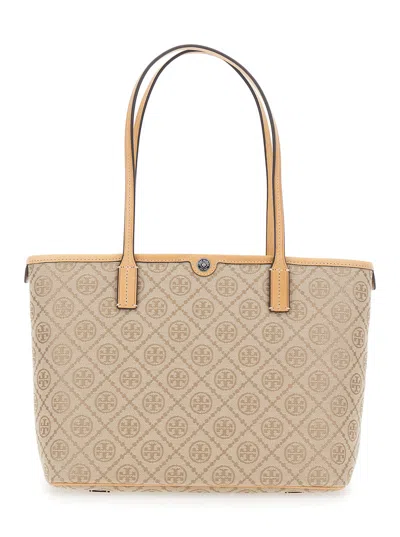 Tory Burch Beige Small Tote Handbag Handbag With All-over Logo Monogram And Top Zip Closure In Canva In Pink