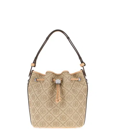 Tory Burch Embroidered Canvas Bucket Bag In Nude
