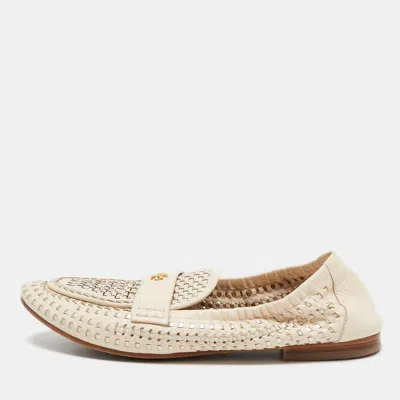 Pre-owned Tory Burch Beige Woven Leather Slip On Loafers Size 38.5