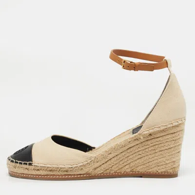 Pre-owned Tory Burch Beige/black Canvas And Leather Espadrille Wedge Pumps Size 40 In Sand