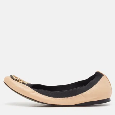 Pre-owned Tory Burch Beige/black Leather Scrunch Ballet Flats Size 38