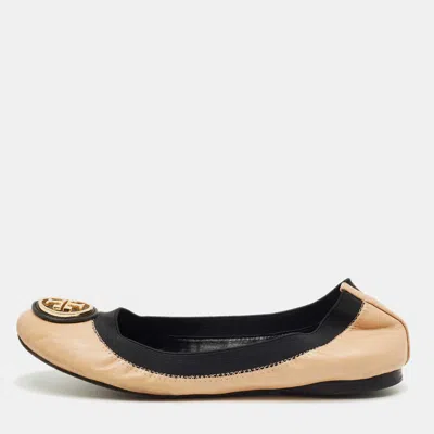 Pre-owned Tory Burch Beige/black Leather Scrunch Minnie Ballet Flats Size 37 In Sand