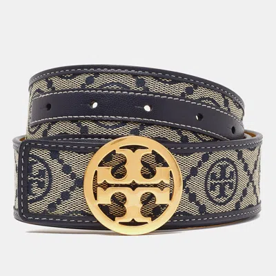 Pre-owned Tory Burch Beige/blue Embossed Logo Leather Small Logo Belt 80cm
