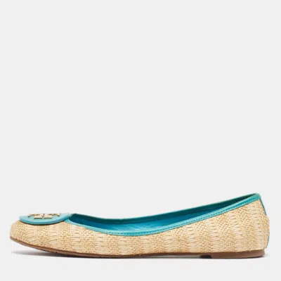 Pre-owned Tory Burch Beige/blue Raffia And Leather Ballet Flats Size 41.5