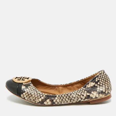 Pre-owned Tory Burch Beige/brown Python Embossed Minnie Ballet Flats Size 37.5 In Black