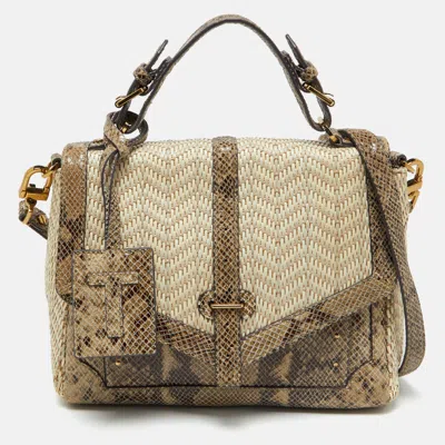 Pre-owned Tory Burch Beige/brown Snakeskin Embossed Leather And Raffia Top Handle Bag