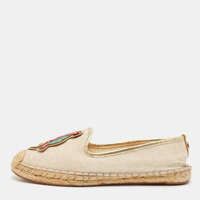 Pre-owned Tory Burch Beige/gold Canvas And Leather Trim Parrot Espadrille Flats Size 36