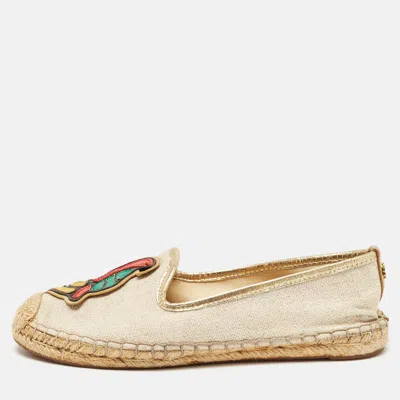 Pre-owned Tory Burch Beige/gold Canvas And Leather Trim Slip On Espadrille Flats Size 36