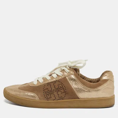 Pre-owned Tory Burch Beige/gold Suede And Metallic Leather Perforated Logo Sneakers Size 38.5 In Brown