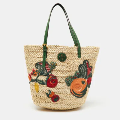 Pre-owned Tory Burch Beige/green Woven Straw And Leather Embroidered Fruit Emerson Tote