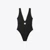 Tory Burch Belted Logo Swimsuit In Black
