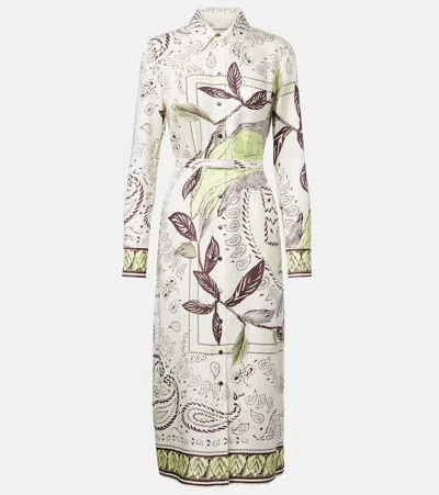 Tory Burch Belted Printed Silk Midi Dress In White