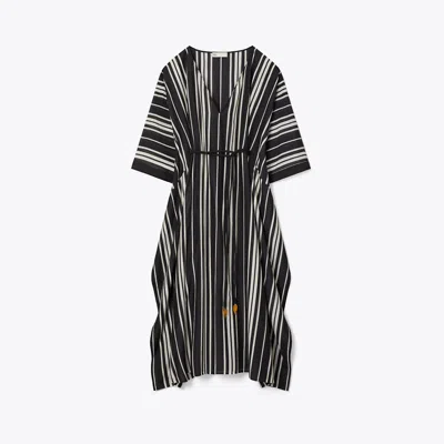 Tory Burch Belted Striped Silk Caftan In Black