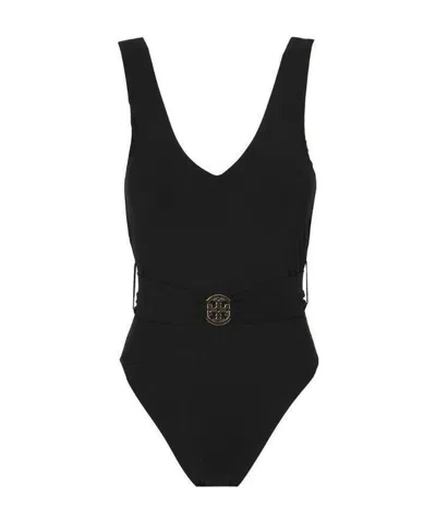 Tory Burch Belted V-neck One Piece In Black