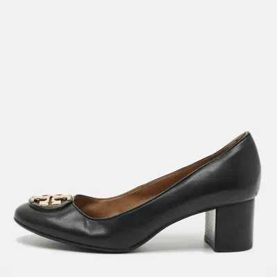 Pre-owned Tory Burch Benton 2 Size 37 Black Leather Block Heel Pumps