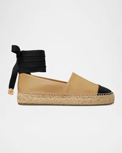 TORY BURCH BICOLOR LEATHER ANKLE-WRAP ESPADRILLES