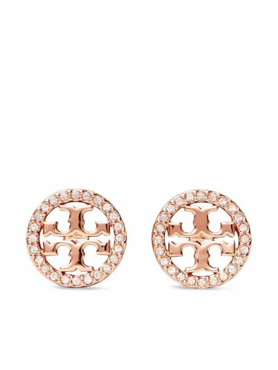 Tory Burch Crystal Logo Circle Stud Earrings In Rose Gold/crystal