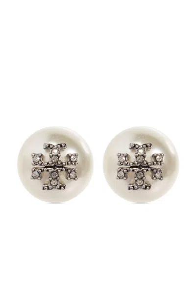 Tory Burch Kira Crystal-logo Pearl Earrings In White