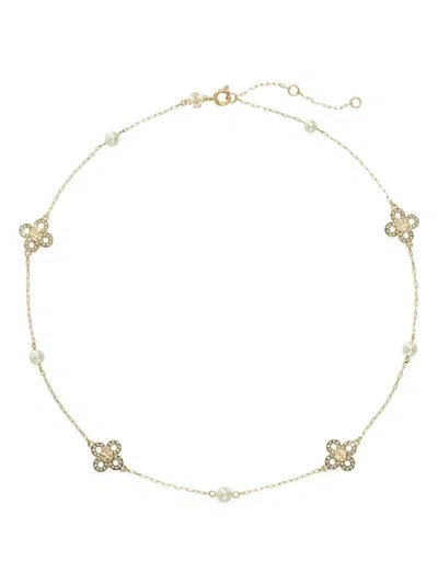 Tory Burch Kira Clover Pearl Necklace In Gold