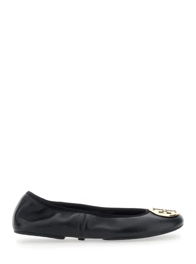 Tory Burch Black Ballerinas With Logo Plaque On The Front In Leather Woman