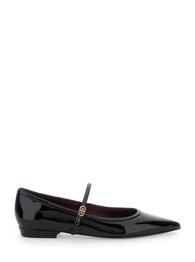 Tory Burch Black Ballet Shoes With Pointed Toe And Double T Motif In Patent Leather Woman