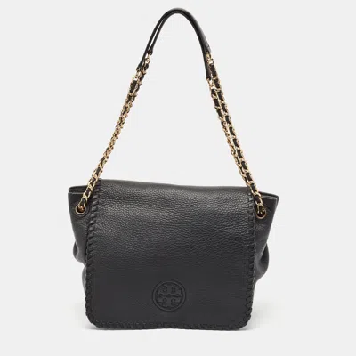 Pre-owned Tory Burch Black Braided Leather Marion Flap Shoulder Bag