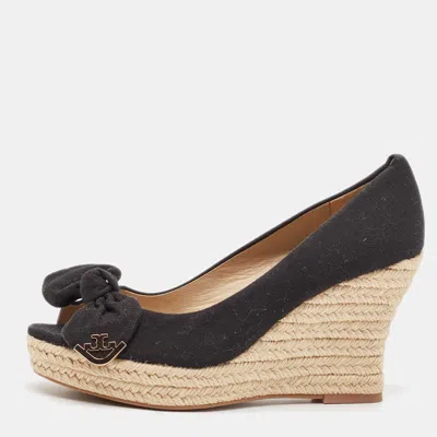 Pre-owned Tory Burch Black Canvas Bow Peep Toe Platform Wedge Espadrille Pumps Size 36