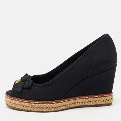 Pre-owned Tory Burch Black Canvas Jackie Wedge Platform Espadrille Peep Toe Pumps Size 36